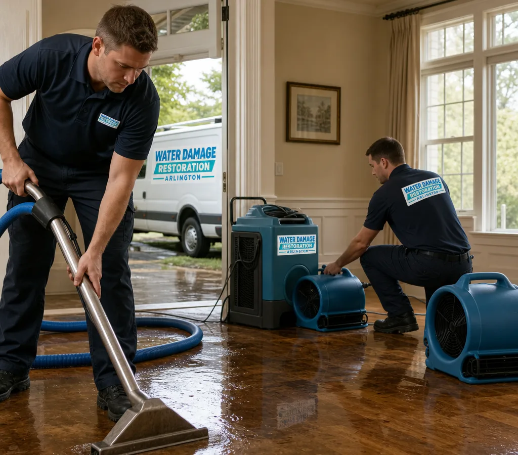 Technicians extracting standing water in an Arlington home and setting up drying equipment