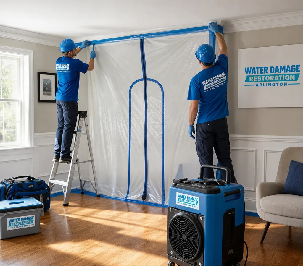 Technicians setting up containment and HEPA filtration in an Arlington home