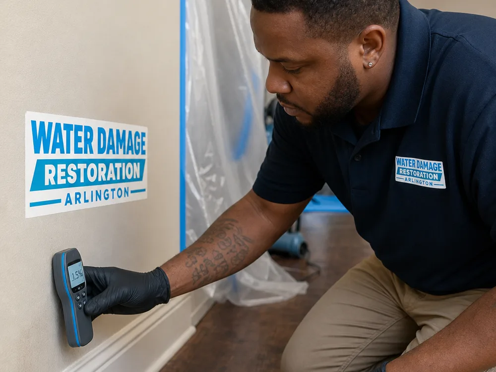Technician checking drywall moisture beside a baseboard and containment barrier