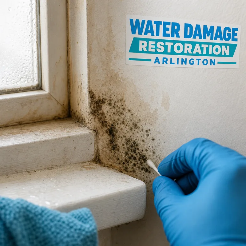 Suspected microbial growth and moisture staining on drywall near a window corner