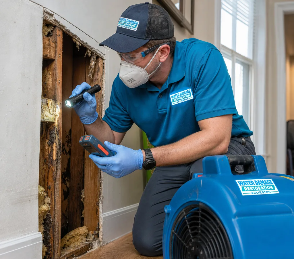 Inspector using a flashlight and moisture meter to examine a residential wall cavity