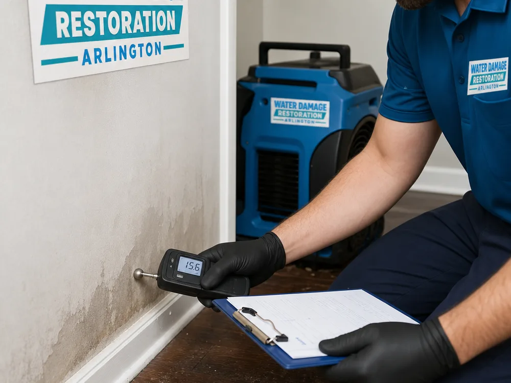 Inspector using a moisture meter on drywall near a baseboard while documenting findings