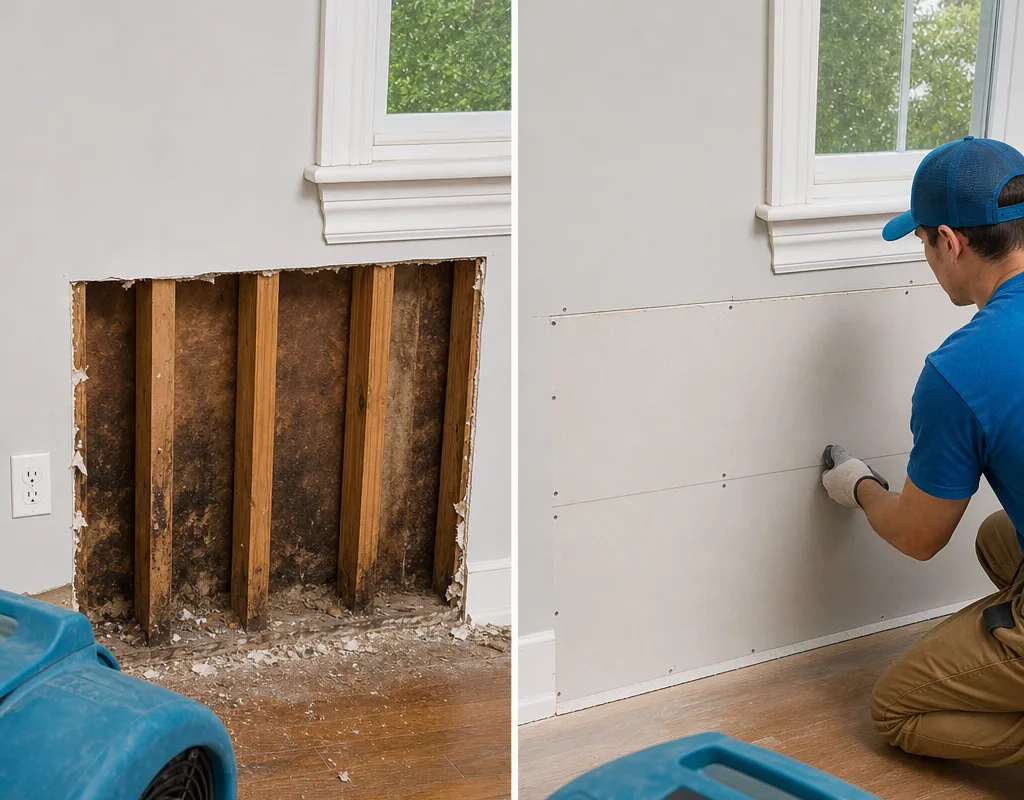 Water-damaged drywall removed to a controlled cut line and the dried wall ready for rebuilding