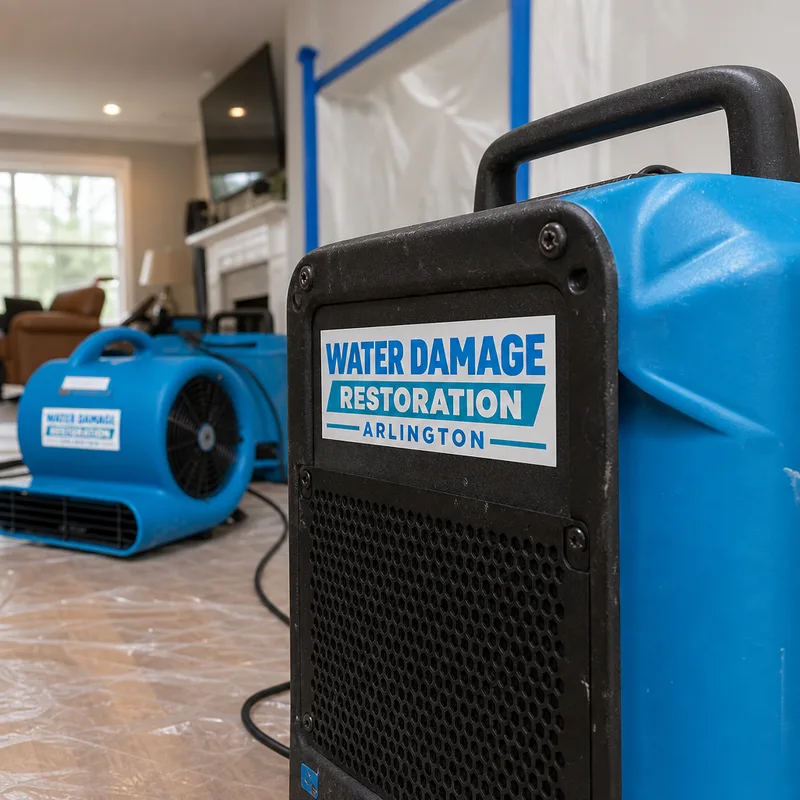 Dehumidifier and air movers positioned in a protected living room drying area
