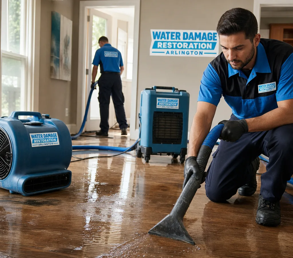 Technicians extracting standing water in an Arlington home with drying equipment staged nearby