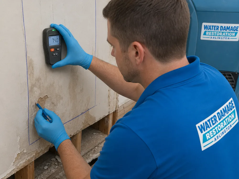 Technician measuring damp drywall and marking the affected area for controlled removal