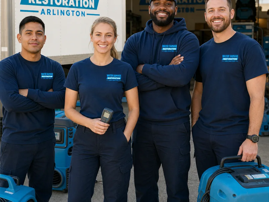 Restoration team with dehumidifiers, air movers, and moisture meters ready for deployment