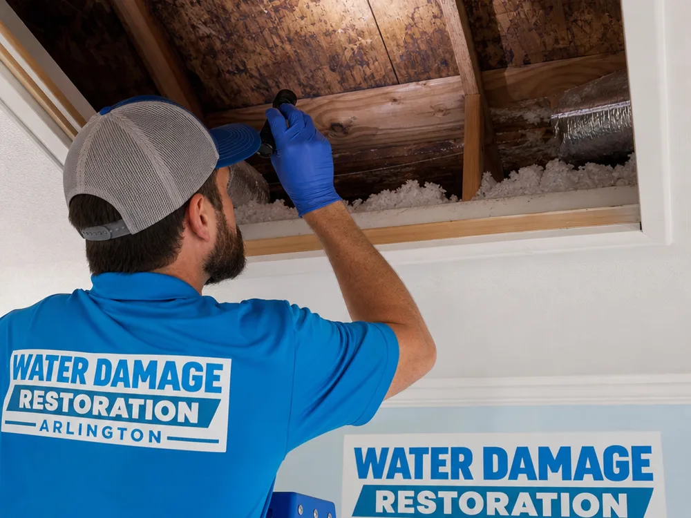 Inspector examining roof sheathing and insulation through an open attic access